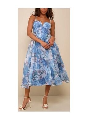 Lulu's Blue Floral Sweetheart Midi Dress